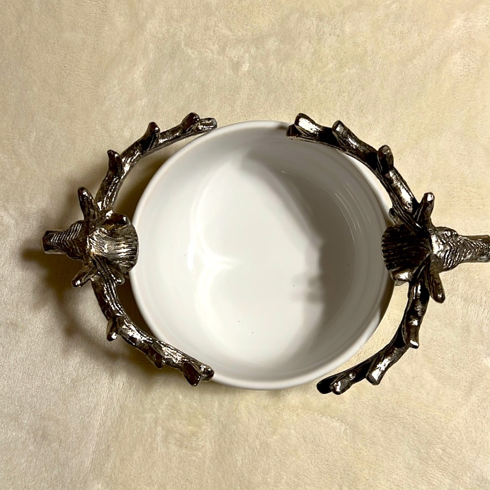 White Ceramic Bowl with Silver Deer Handles. Holiday Decor. 6.25” - Picture 5 of 9